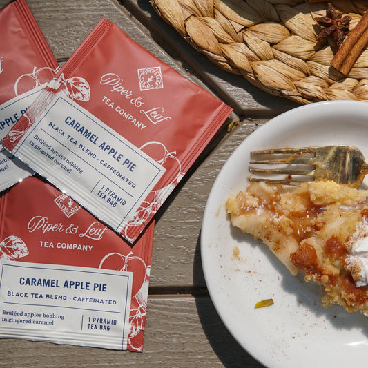 Piper and Leaf Caramel Apple Pie tea bags, individually wrapped, 50-count box, featuring a warm caramel apple pie flavor.