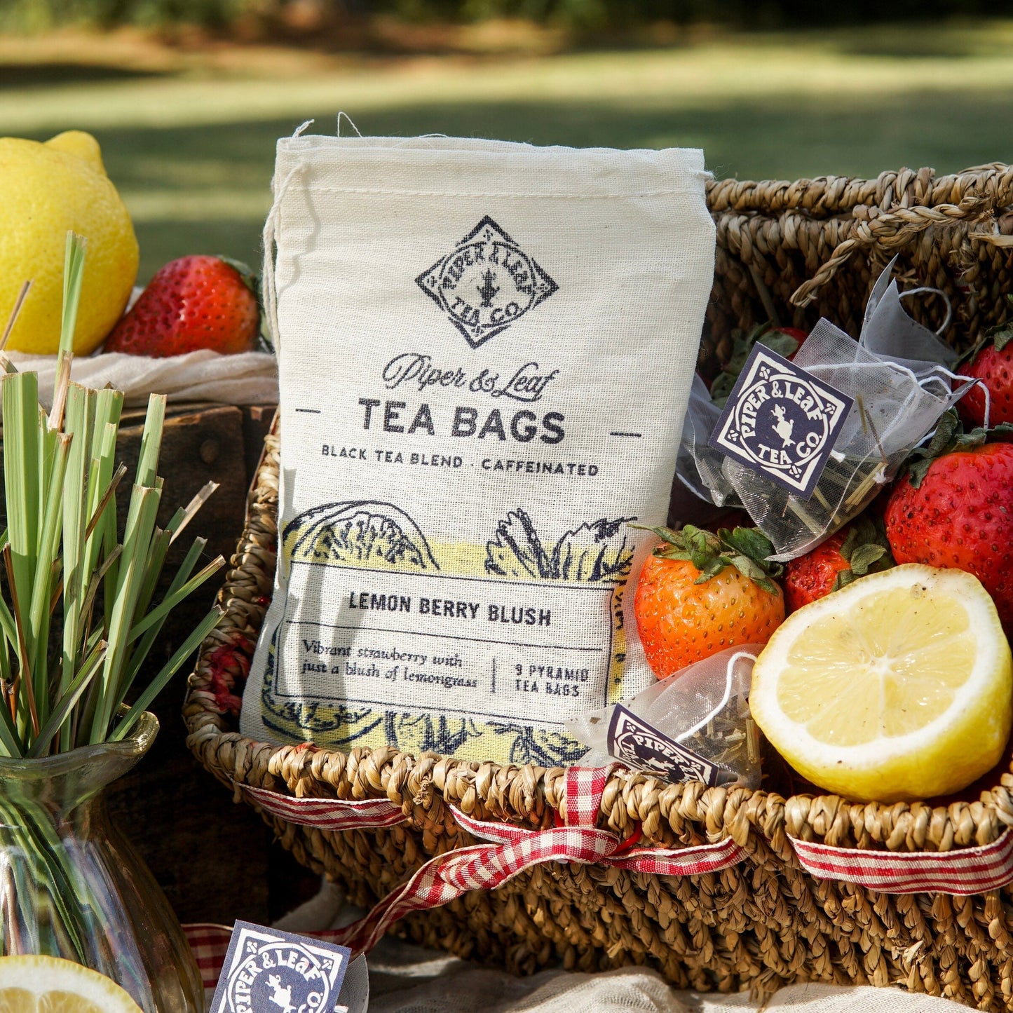 Lemon Berry Blush 9ct tea bags from Piper and Leaf Tea Co. in muslin packaging, showcasing fresh lemon and berry flavors.