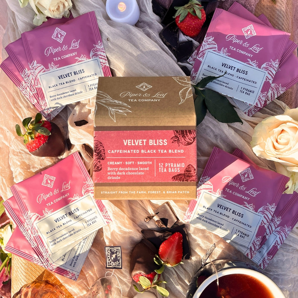 Velvet Bliss Tea Bags by Piper and Leaf Tea Co., box of 12 herbal tea bags with velvet packaging and natural tea blends.