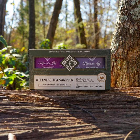 Box of 16 wellness tea bags from Piper and Leaf Tea Co. featuring assorted herbal and wellness teas in individual sachets.