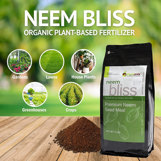 Plantonix Neem Bliss Meal fertilizer showing a 1 lb bag of neem seed cake for organic plant nourishment.