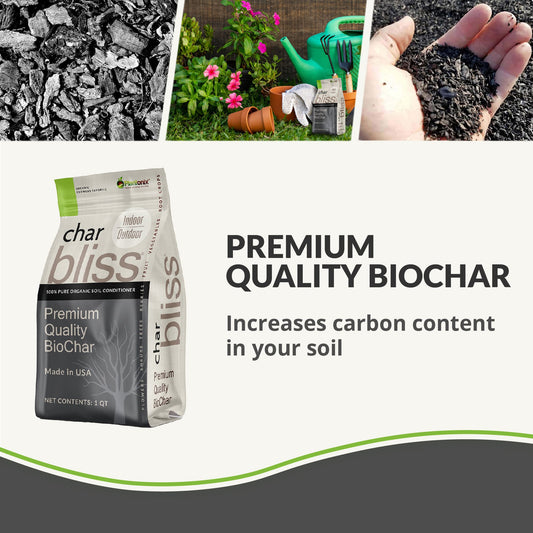 Plantonix Char Bliss Premium Biochar Soil Amendment fertilizer in a 1-quart container, enhances soil health and fertility.