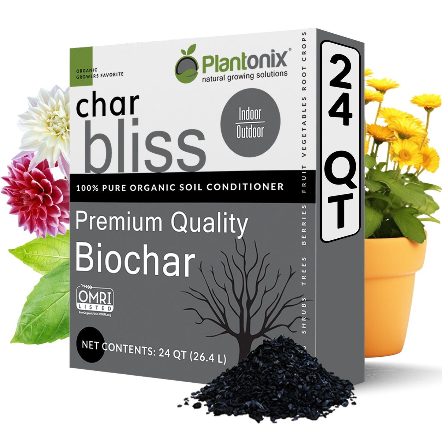 Plantonix Char Bliss premium biochar soil amendment in a 1-quart container, ideal fertilizer for enriching garden soil.
