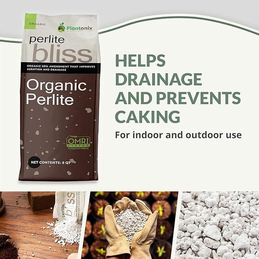 Perlite Bliss premium horticultural grade perlite for growing, shown in 8-quart bag by Plantonix, ideal for soil aeration and drainage.