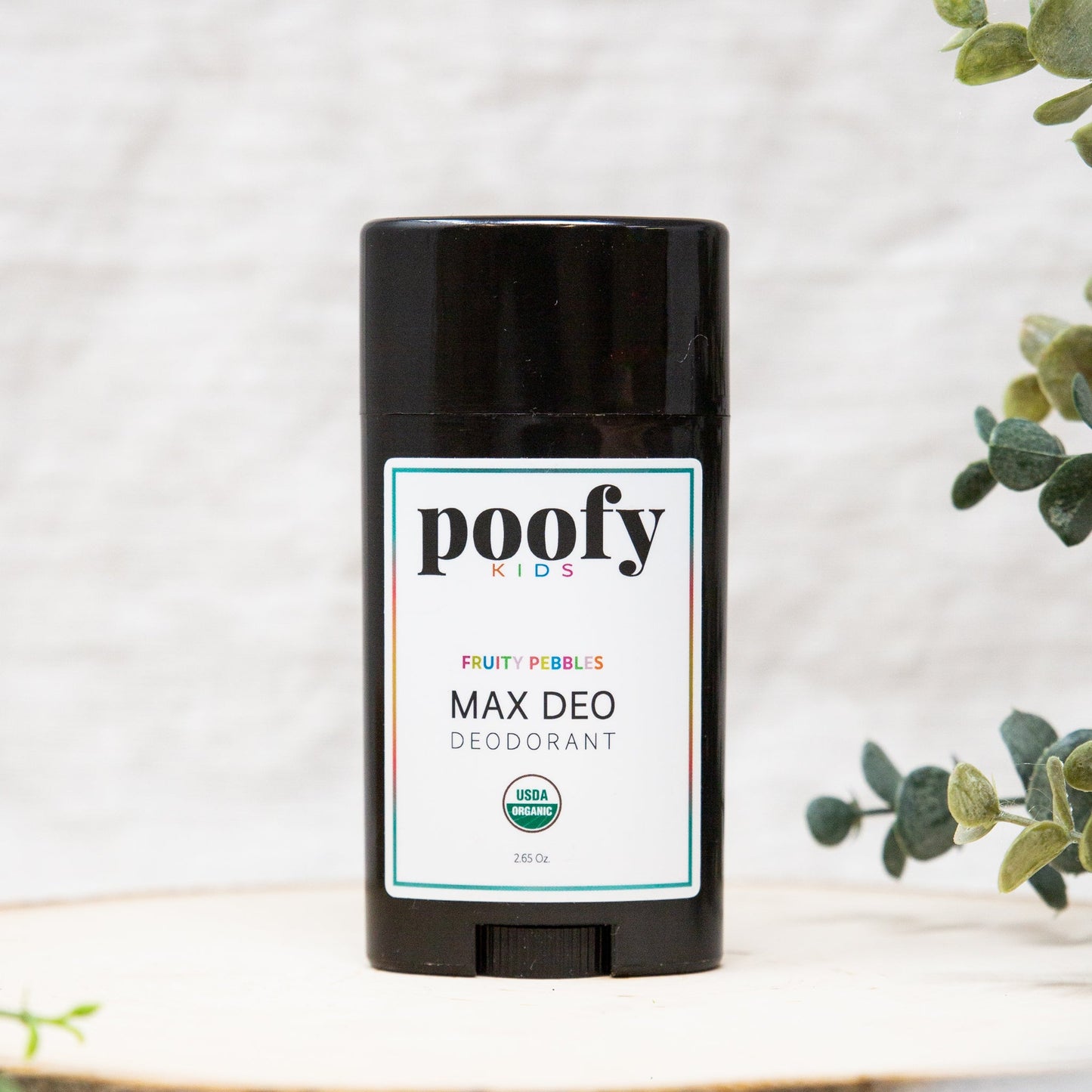 Poofy Organics MAX DEO Fruity Pebbles Kids Organic Body Deodorant with colorful packaging and child-friendly design.