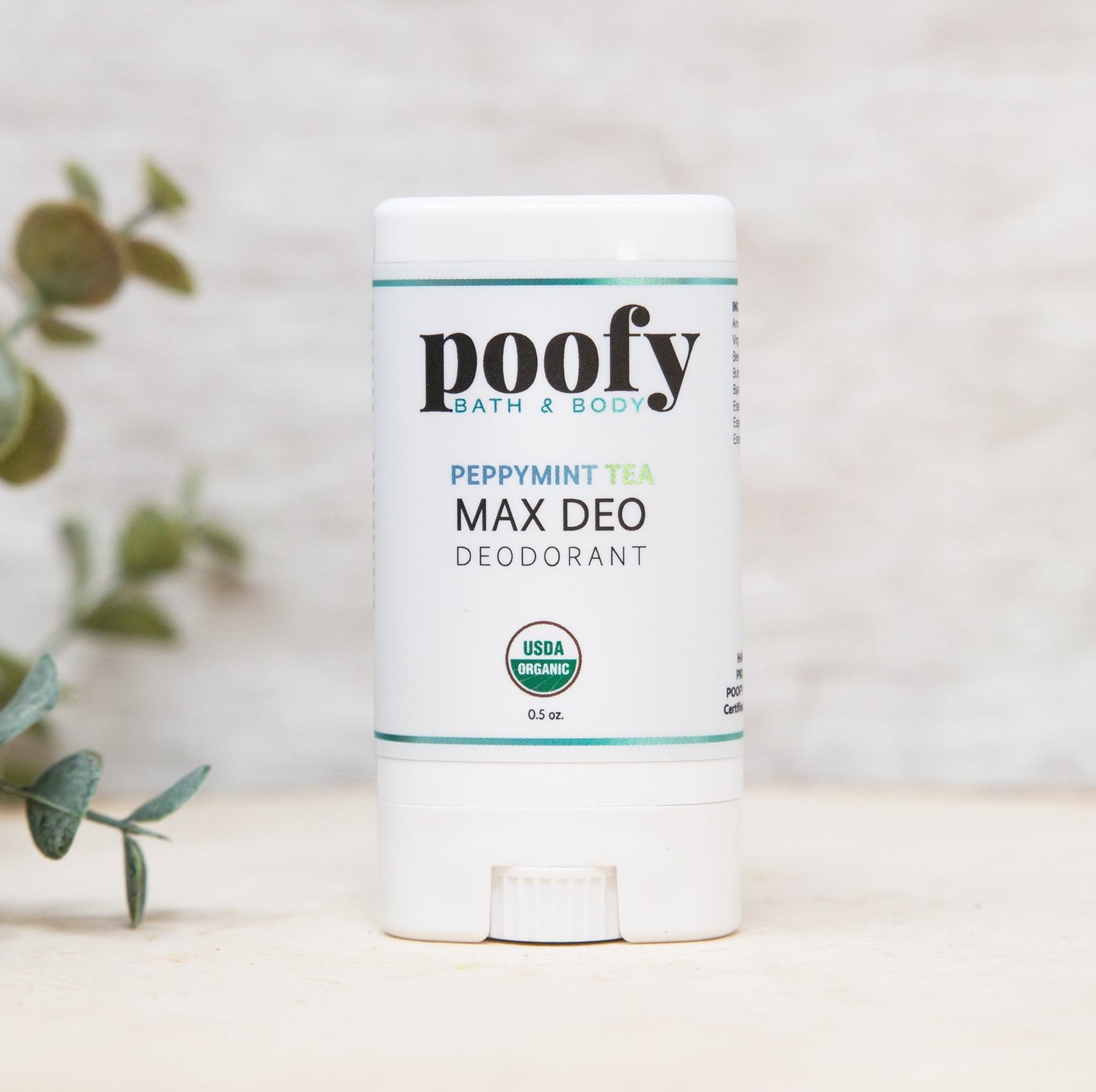 Poofy Organics Max Deo Peppymint Tea Organic Deodorant for body, travel size, with refreshing mint scent and natural ingredients.