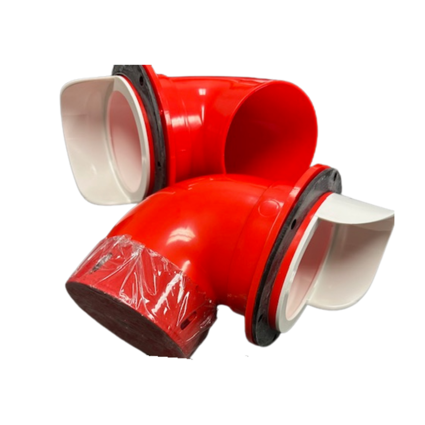 A red Y-shaped pipe connector from the My Pet Chicken Farmight 2 Port feeder DIY Kit (includes hole saw), with three open ends lined in white and black rings; one end is sealed with red tape, ideal for a no-waste chicken feeder setup.