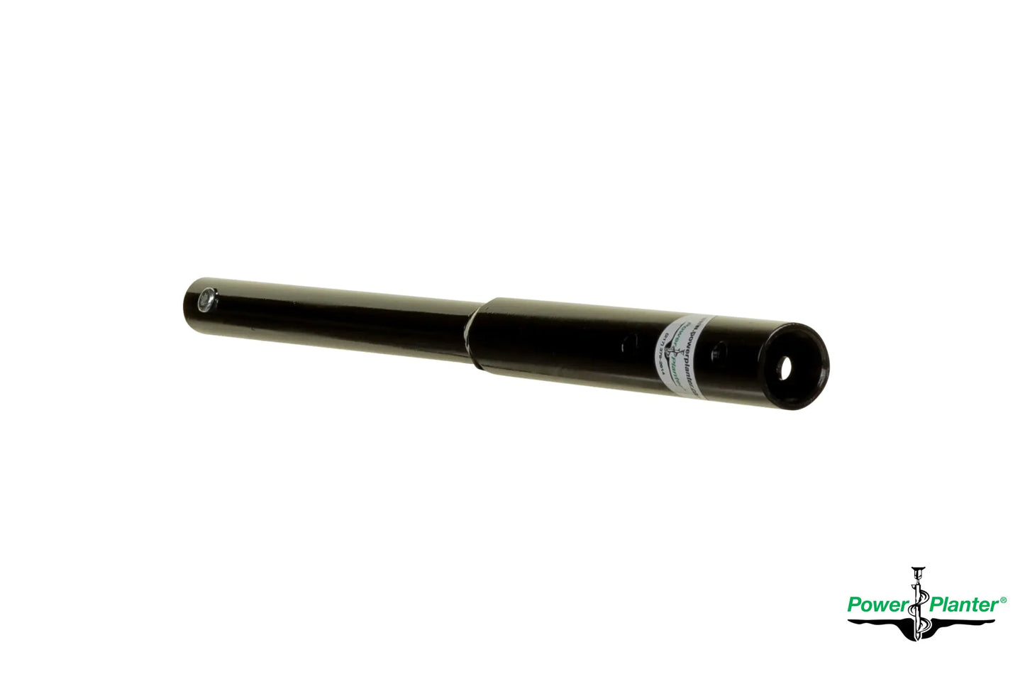 The Power Planter Augers 16" Heavy Duty Auger Extender, a black metal shaft for planting or tree augers, is displayed on a white background with a small green Power Planter logo in the lower-right corner.