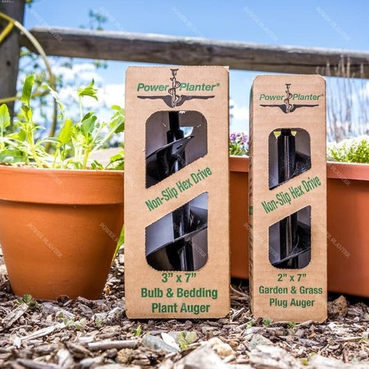 Power Planter Augers Garden Auger Starter Pack with 2-inch and 3-inch diameter augers, 7 inches long for planting and soil digging.