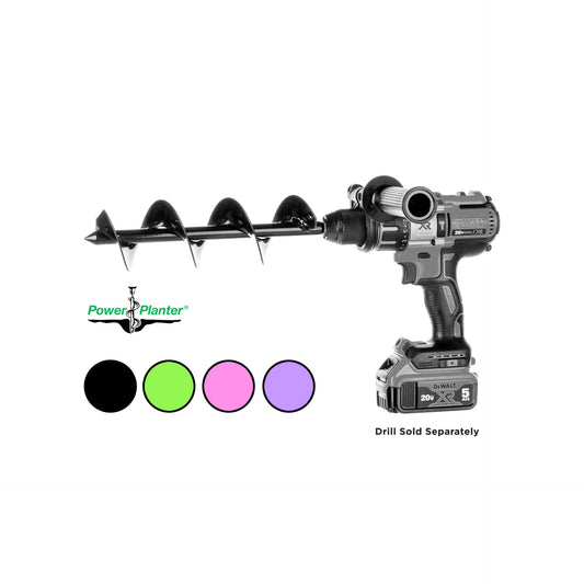 Black DIY Guru gardening auger by Power Planter, 3-inch diameter, 12-inch length, designed for efficient soil drilling.