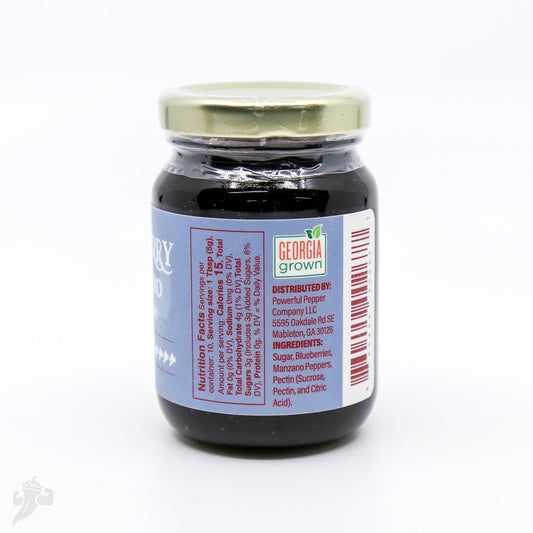 Blueberry Manzano Chili Jam by Powerful Pepper Company, vibrant jar with blueberry and chili ingredients visible.