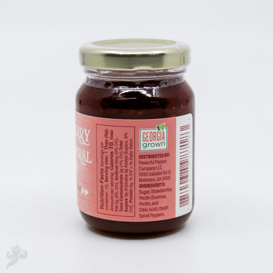 Strawberry Death Spiral Chili Jam by Powerful Pepper Company, vibrant red jam with chili peppers in a jar.