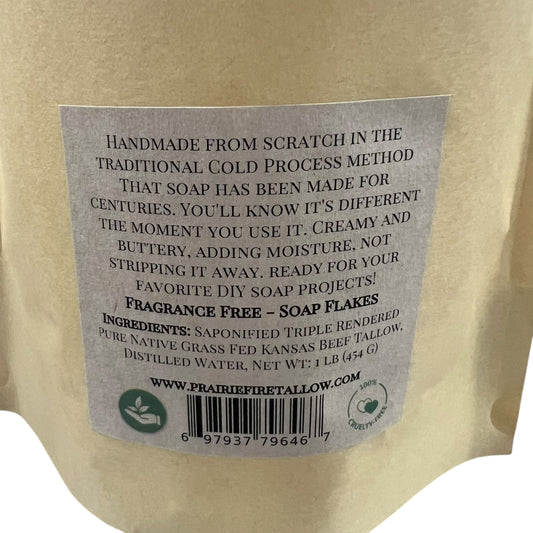 Pure Beef Tallow Soap Flakes bar soap by Prairie Fire Tallow, made in USA, natural, organic, for face, body, and hair cleansing.