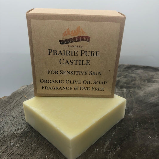 Pure Real Castile organic olive oil soap for sensitive skin, fragrance-free, dye-free, in a 3-pack by Prairie Fire Tallow and Lavender.