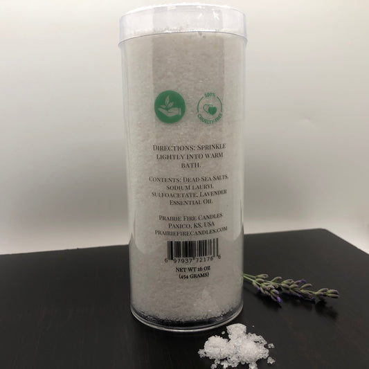 Lavender Dead Sea Bath Salts in 16oz jar from Prairie Fire, with lavender flowers and salts for relaxing bath experience