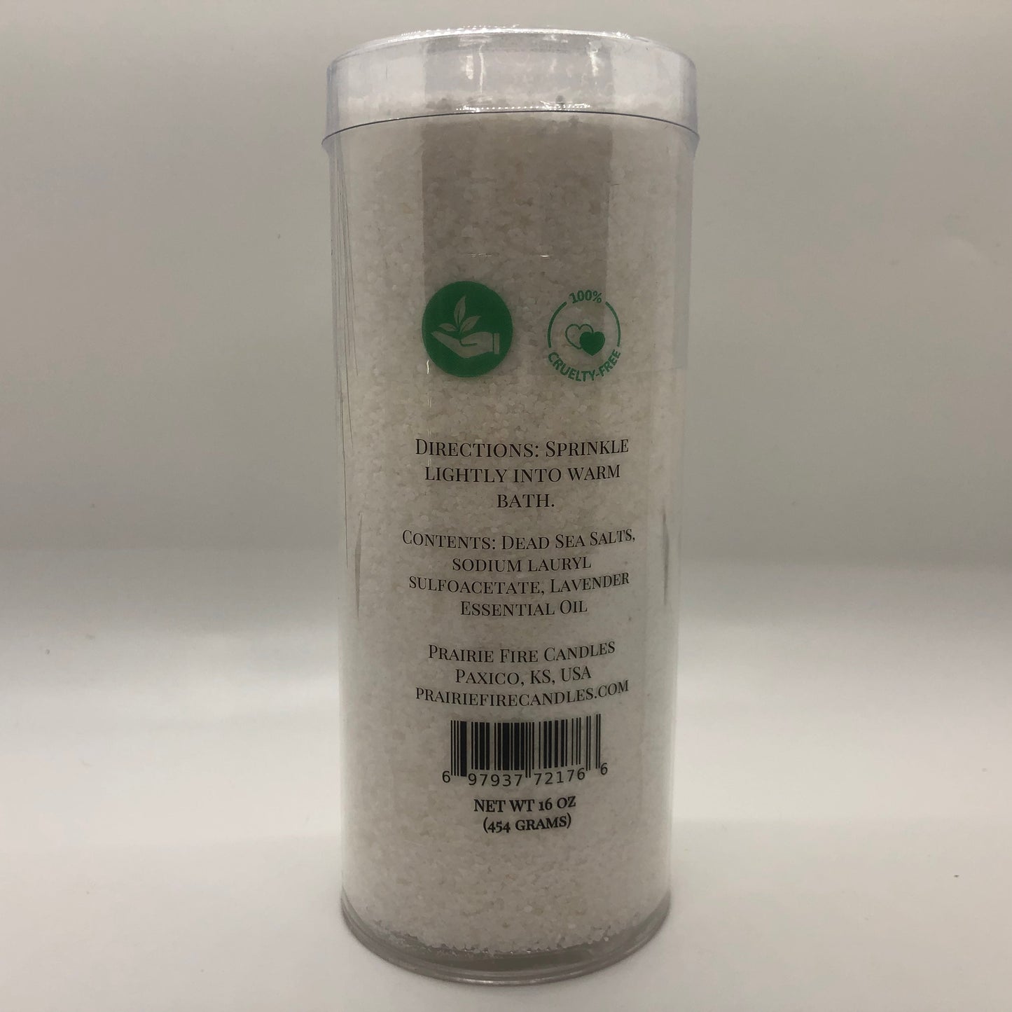 Lavender Dead Sea Bath Salts in a 16oz jar from Prairie Fire, featuring purple lavender and mineral-rich salts for relaxing baths.