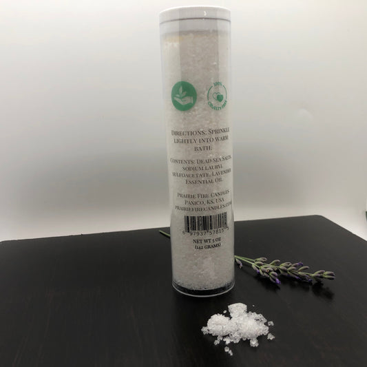 Lavender Dead Sea Bath Salts by Prairie Fire Tallow in a 5oz jar, featuring soothing lavender and mineral-rich Dead Sea salts.