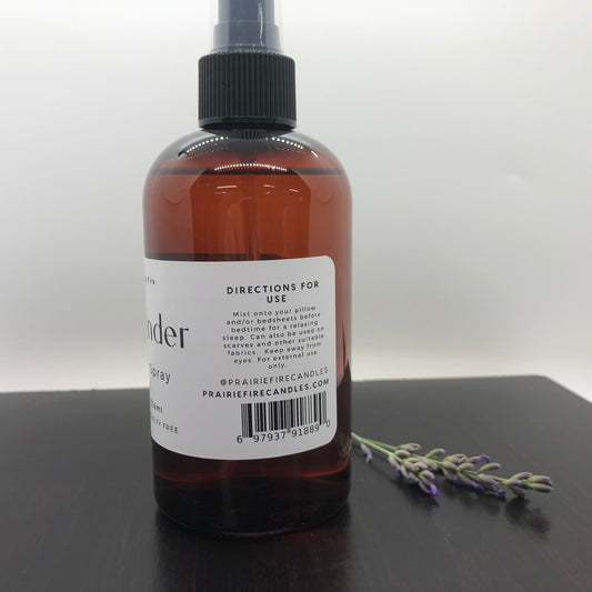 Lavender Linen Spray by Prairie Fire Tallow, 8oz bottle with lavender flowers and spray nozzle, natural lavender scent for linens