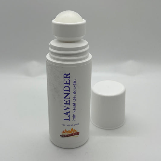 Lavender & menthol soothe pain gel roll-on in 3 oz. bottle from Prairie Fire Lavender Farm, featuring calming lavender and cooling menthol.