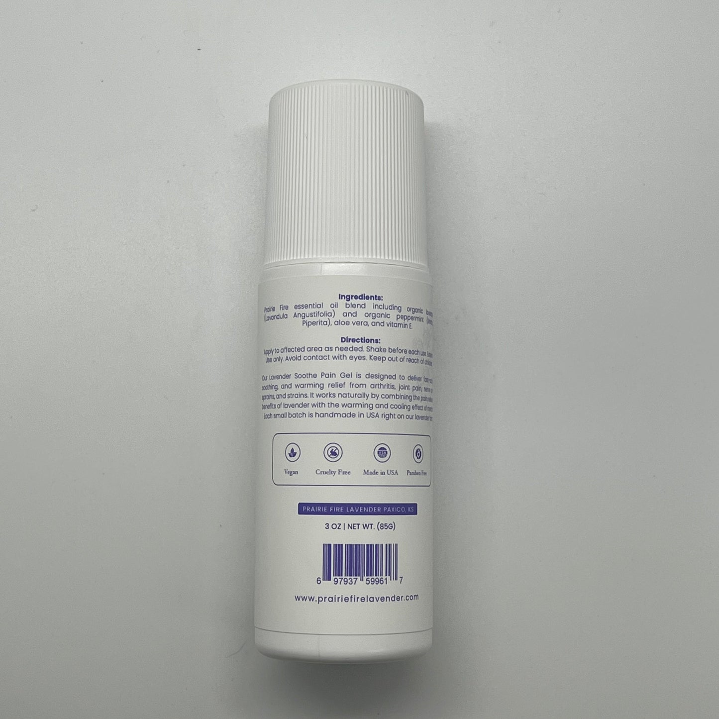 Lavender and menthol soothe pain gel roll-on by Prairie Fire Lavender Farm, 3 oz., with lavender and menthol ingredients.