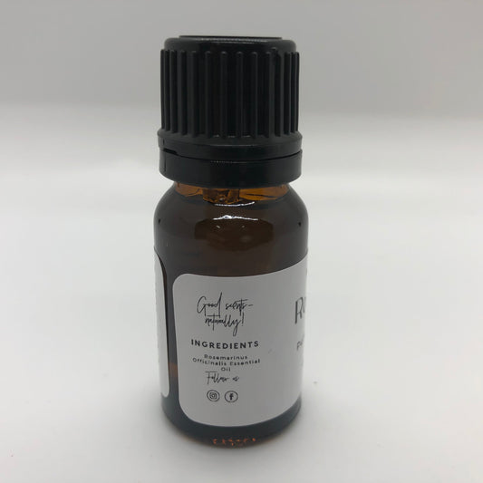 Rosemary essential oil in a 10 ml bottle from Prairie Fire Tallow, Candles, and Lavender, showing the label and oil inside.