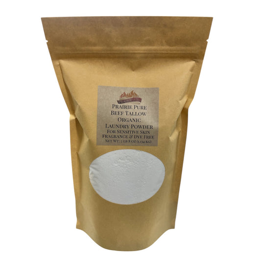 Organic beef tallow laundry soap powder by Prairie Fire Tallow with lavender, fragrance-free, dye-free, for sensitive skin, made in USA.