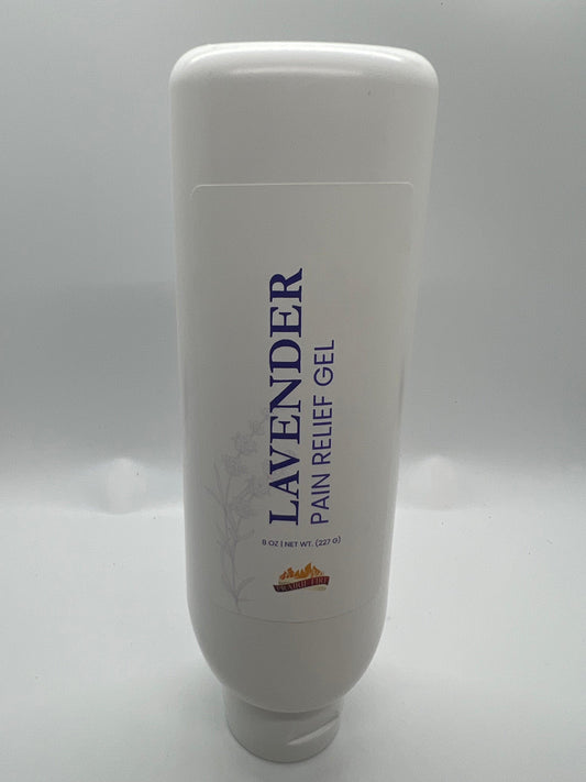 Lavender & Menthol Soothe Pain Gel in 8 oz. bottle, featuring lavender and menthol ingredients, from Prairie Fire Lavender Farm.