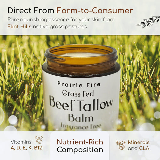 Prairie Fire Tallow Beef Tallow Balm in 2 oz jar, organic grass-fed, fragrance-free moisturizer for skin care, made in USA.