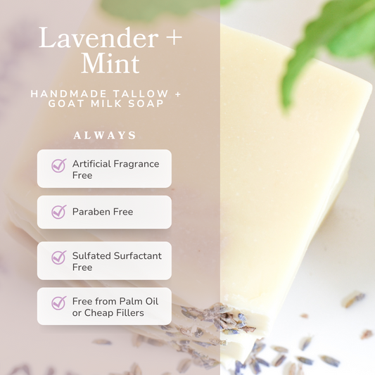 Lavender and mint handmade tallow and goat milk soap bar by Pretty Farm Girl, showing a natural soap with floral and mint accents.