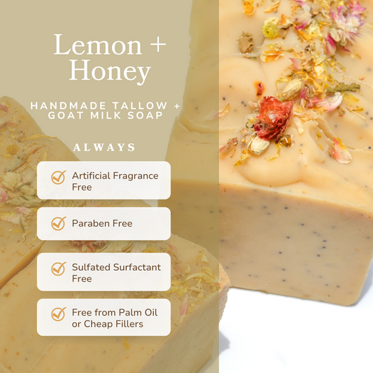 Handmade Lemon, Honey, and Poppy Seed Goat Milk and Tallow Soap Bar by Pretty Farm Girl, with natural ingredients and textured soap surface.