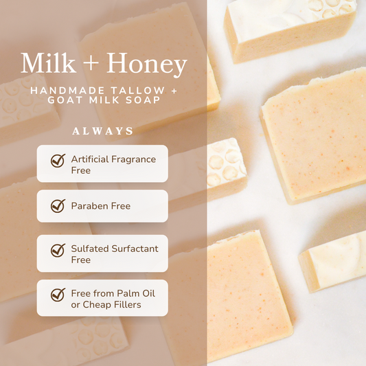 Handmade Milk and Honey fragrance-free soap bar by Pretty Farm Girl, featuring tallow and goat milk in a natural soap form.