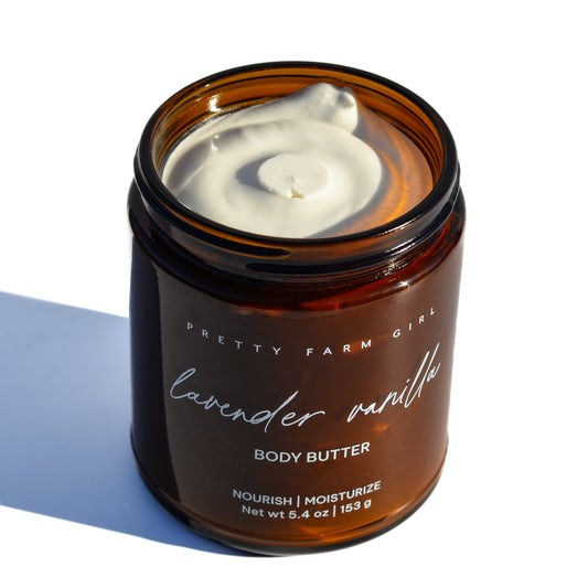 Lavender vanilla bean tallow body butter cream by Pretty Farm Girl, showing a smooth, creamy texture with lavender and vanilla scent.