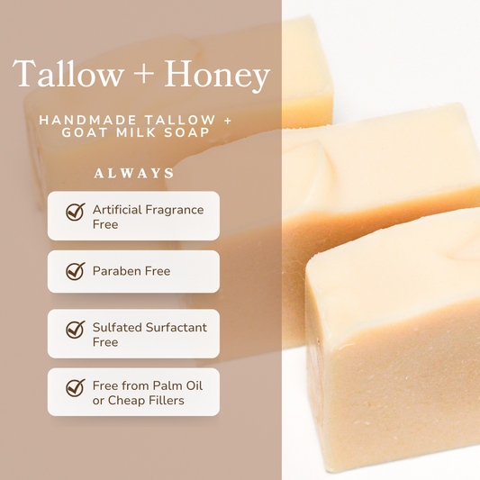 Handmade soap bar by Pretty Farm Girl with pure tallow, honey, and goat milk, fragrance-free, showing a rustic soap block.