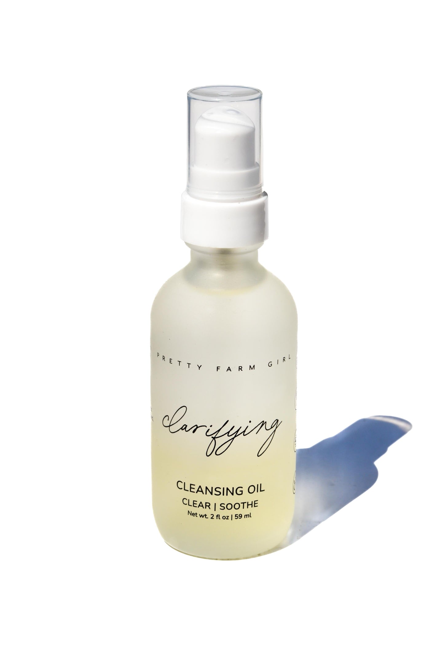 Pretty Farm Girl Clarifying Cleansing Oil for acne-prone skin in a pump bottle, showing a gentle face cleanser for oily skin.