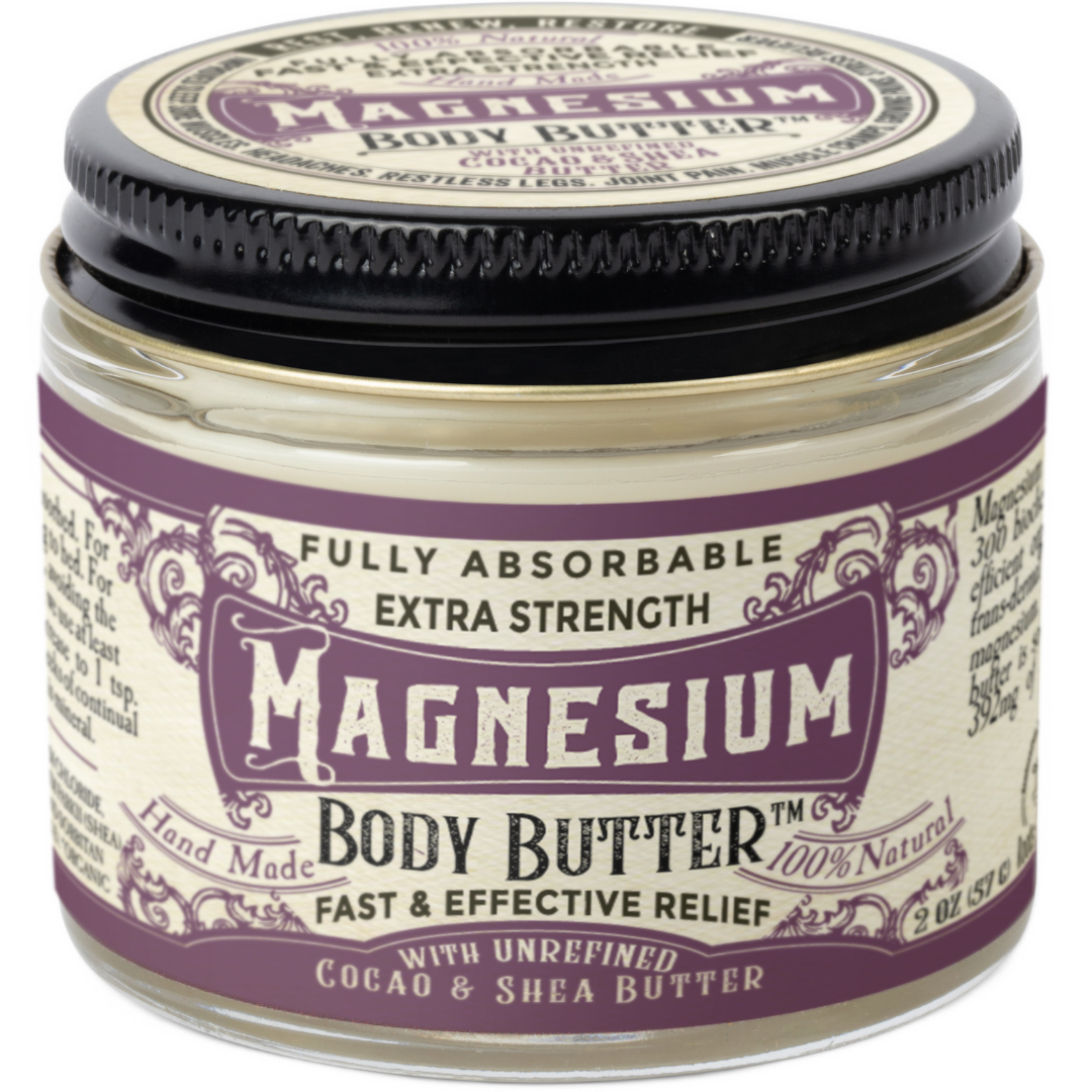 Creamy magnesium body butter from Roots and Leaves LLC, shown in a jar with smooth, rich texture ideal for moisturizing skin.