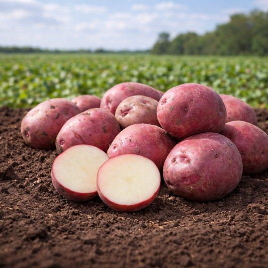 Red Port Seed Potato from The Farm On Central, fresh red-skinned seed potato with smooth surface and vibrant color.