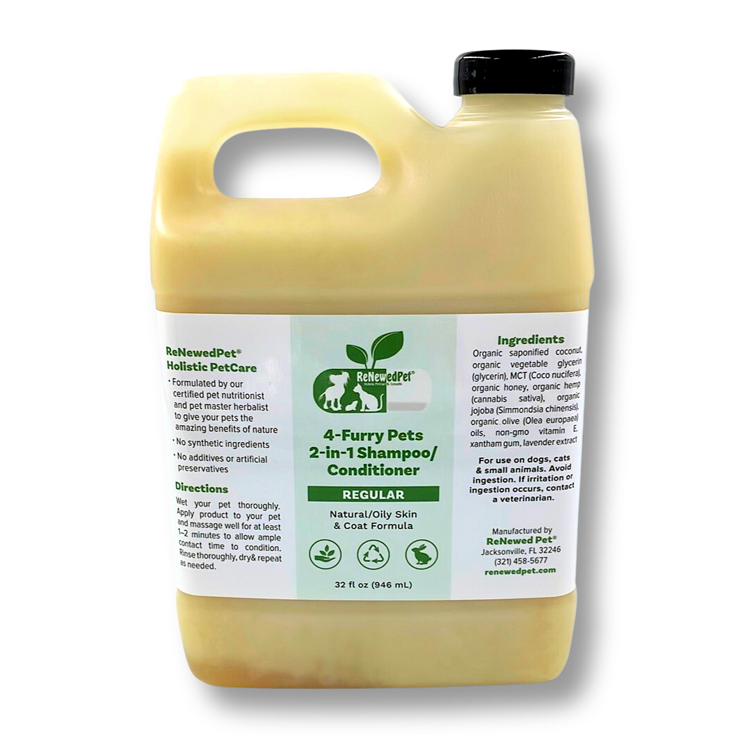 ReNewedPet 4 Furry Friends 2-in-1 shampoo and conditioner for pets, featuring a colorful label with cartoon animals.