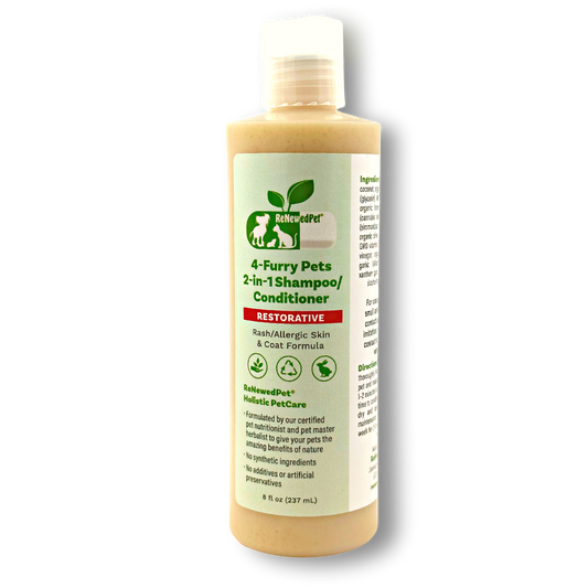 ReNewedPet 4-Furry Friends 2-in-1 restorative shampoo and conditioner for pets, showing bottles of pet grooming products.