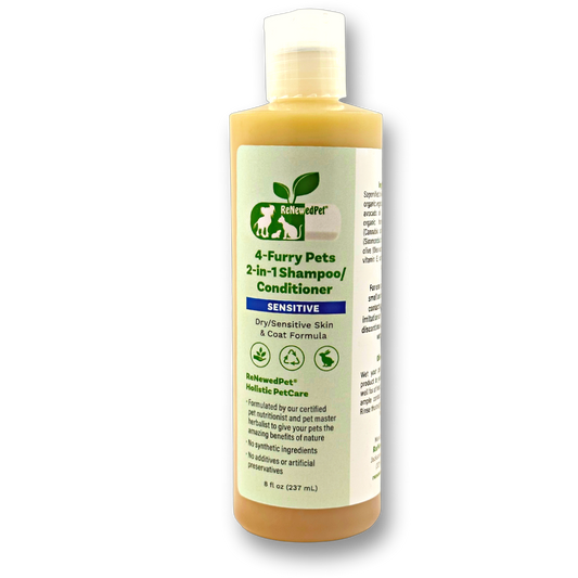 ReNewedPet 4-Furry Pets 2-in-1 Sensitive Shampoo and Conditioner bottle for furry pet grooming, featuring colorful label and product details.