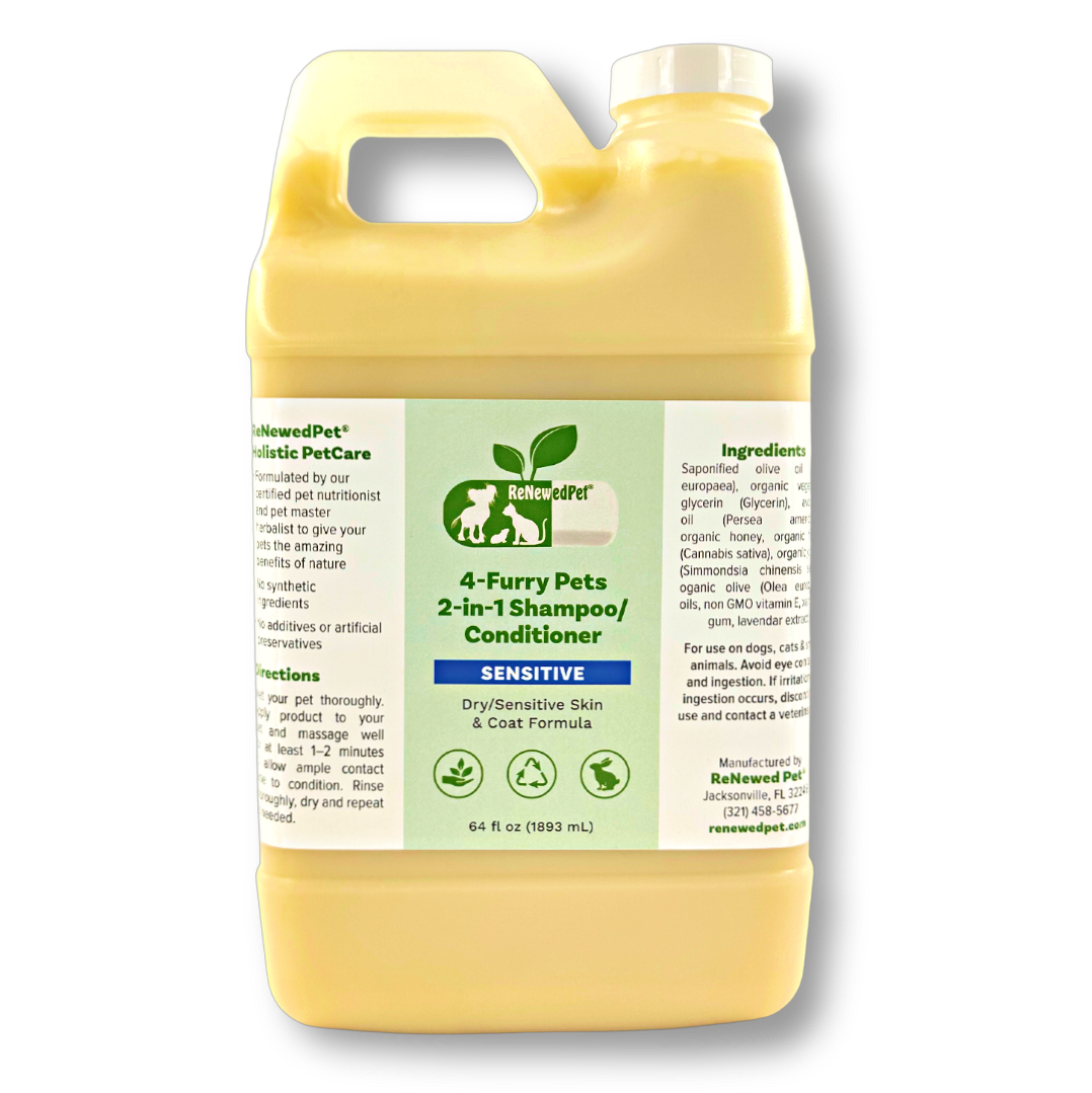 4-Furry Pets 2-in-1 Sensitive Shampoo and Conditioner for pets, featuring four furry animals on the label.
