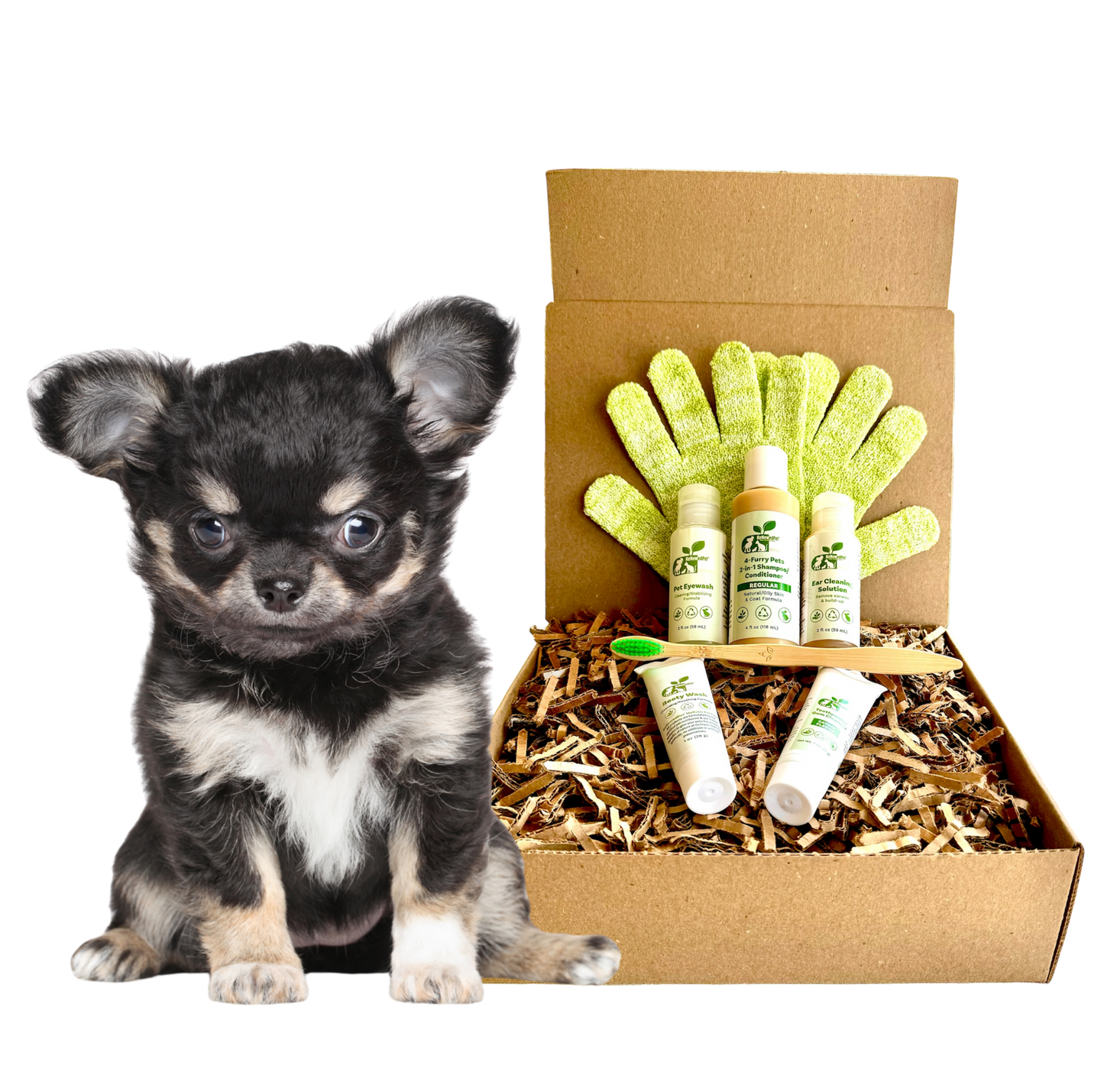 ReNewedPet 4-Furry Dogs Sensitive Grooming Kit with four furry dog images and grooming supplies on a white background.