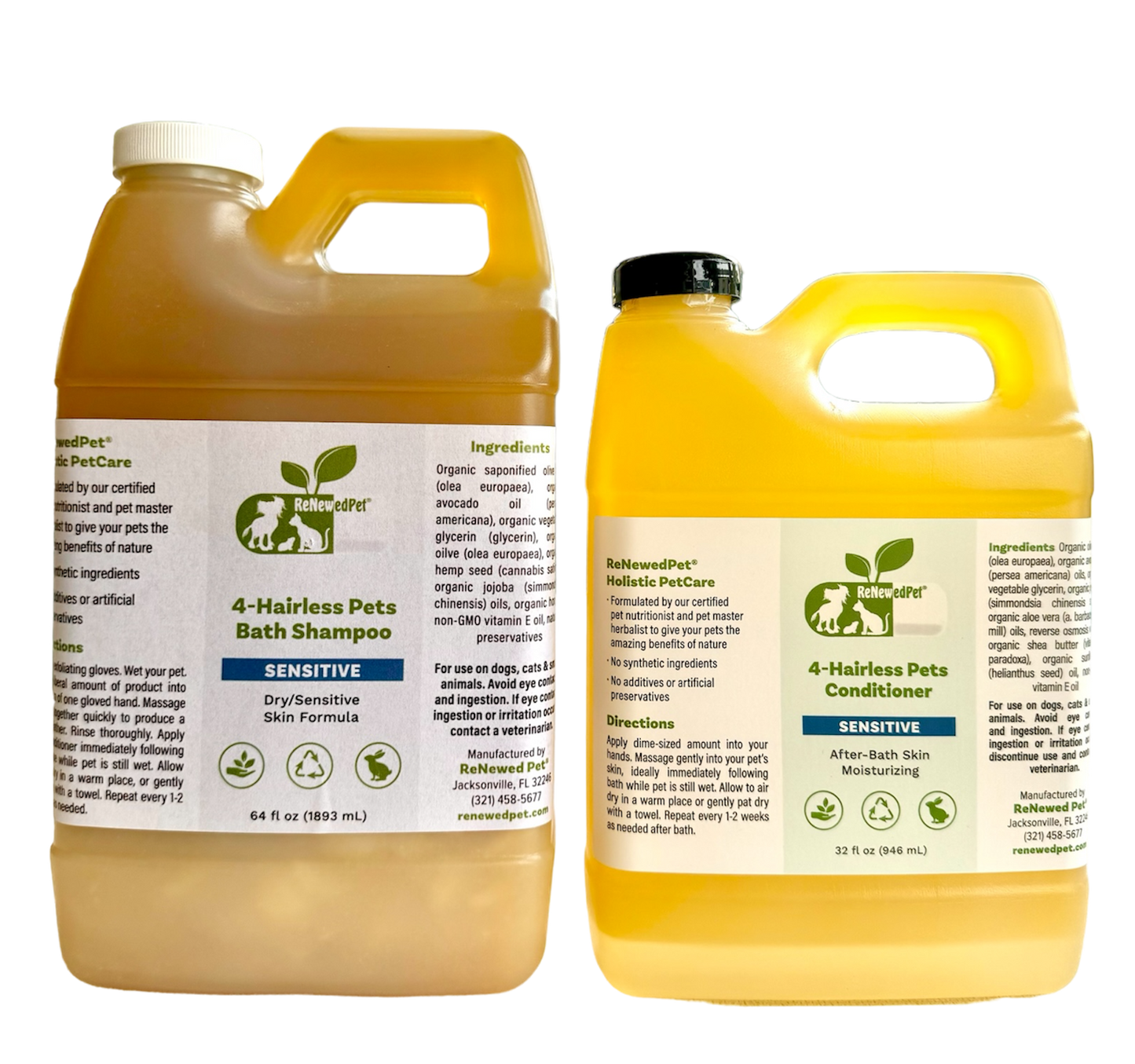 ReNewedPet 4-Hairless Pets Sensitive Shampoo and Conditioner set for gentle pet skin care, featuring natural ingredients.