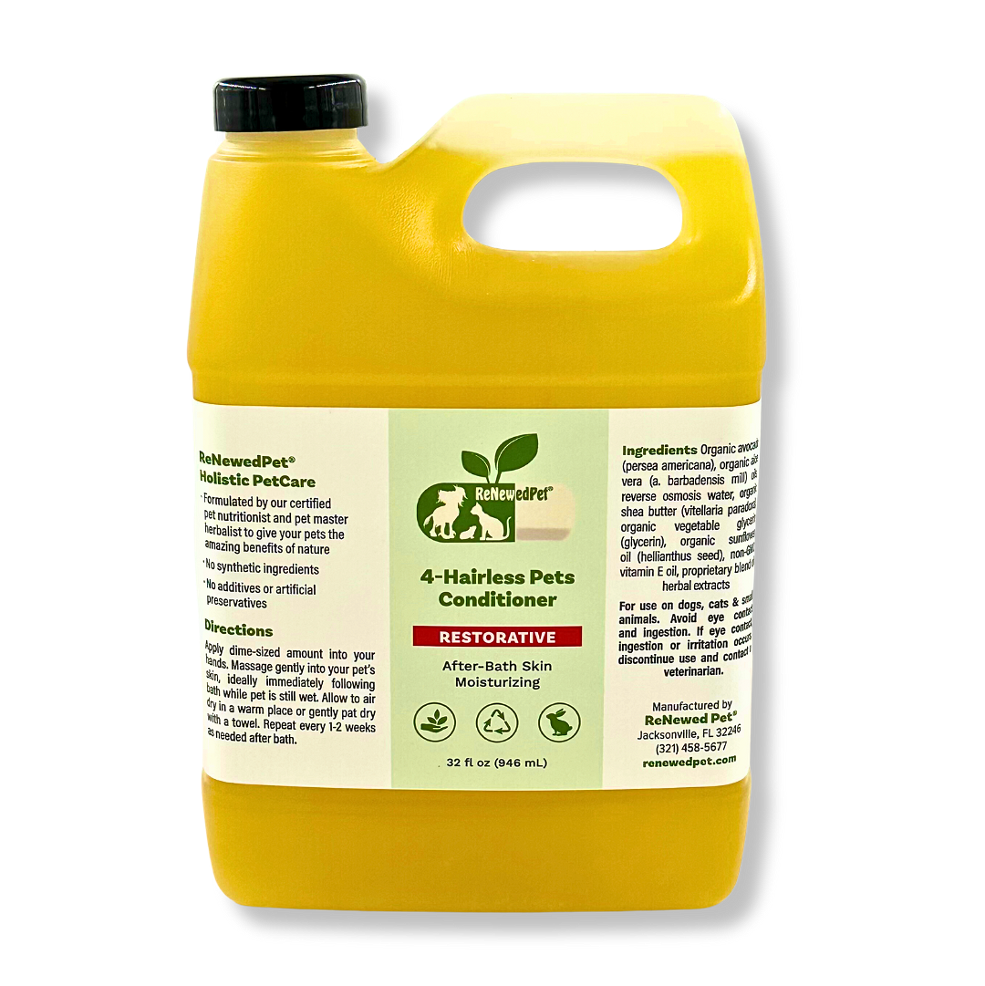 ReNewedPet 4 Nudie Pets Hairless Pets Restorative Conditioner for sensitive skin, in a 2 oz bottle, gentle and nourishing.