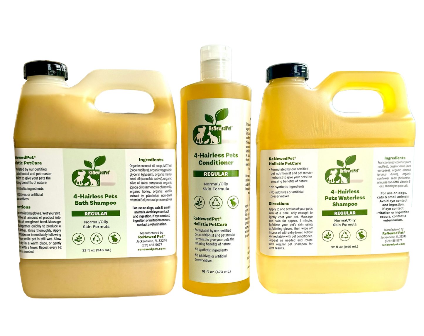ReNewedPet 4 Nudie Pets hairless pet shampoo, waterless shampoo, and conditioner kit with four 4.59 oz bottles.