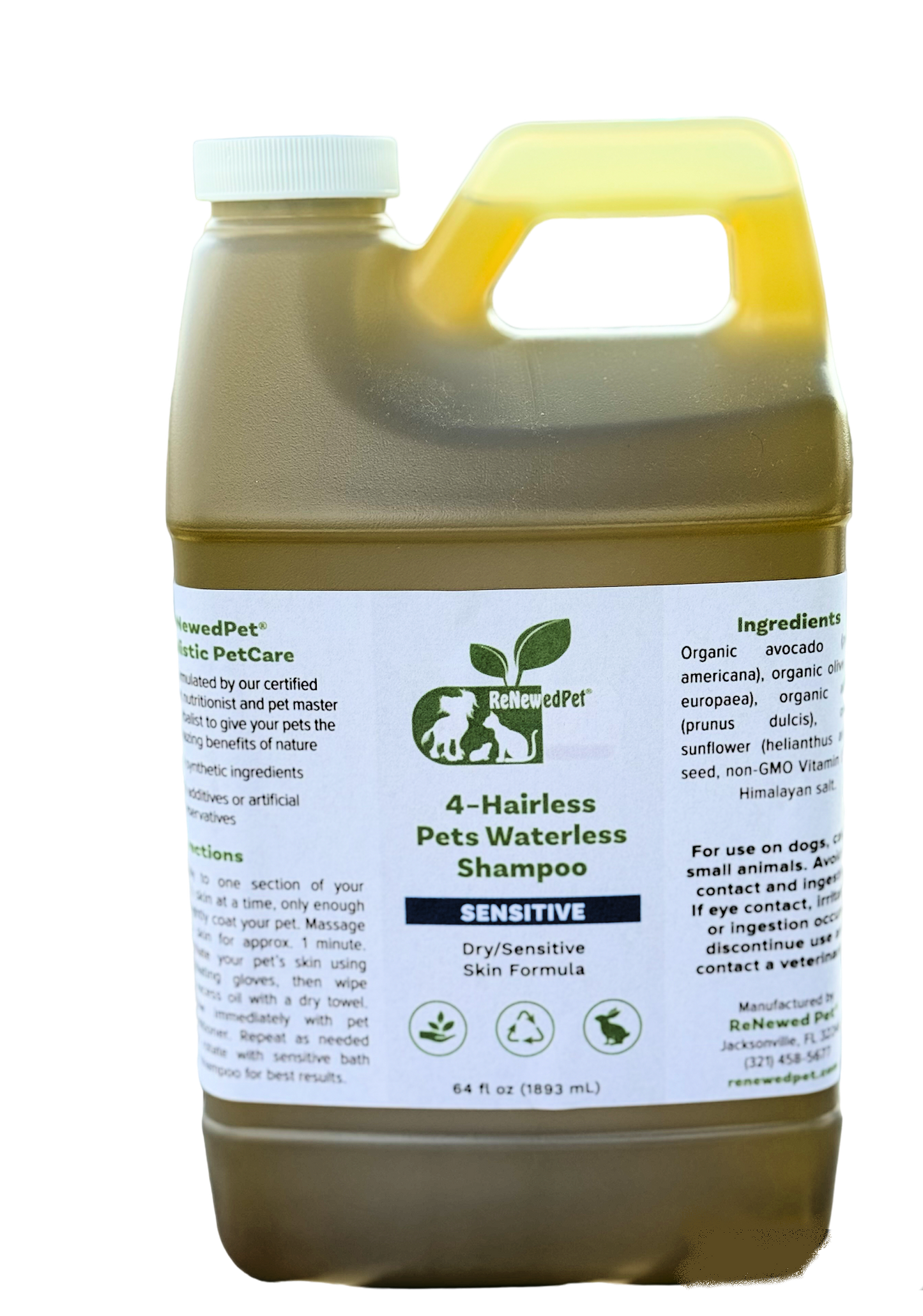 ReNewedPet 4-Hairless Pets Sensitive Waterless Shampoo in 4 oz bottle, gentle cleaning for hairless or sensitive pets.