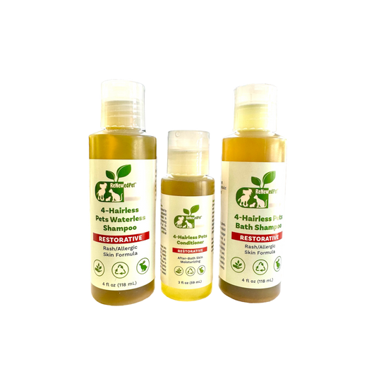 ReNewedPet 4 Nudie Pets Hairless Restorative Shampoo and Conditioner for pets, waterless formula, gentle and nourishing.