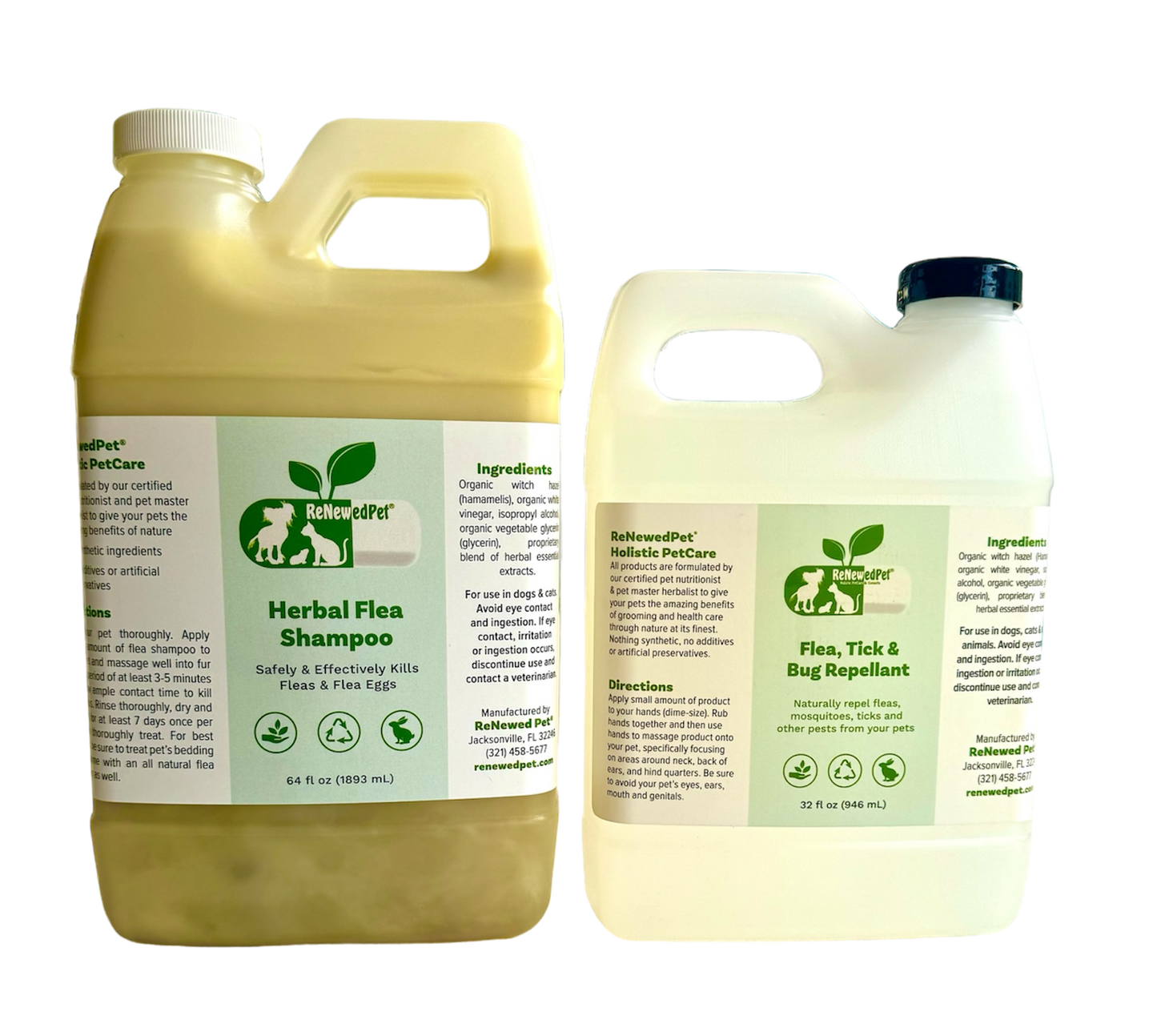ReNewedPet Flea-X Kit with flea shampoo and tick bug repellent, all-in-one flea and tick treatment for pets, in 2 oz and 8 oz bottles.