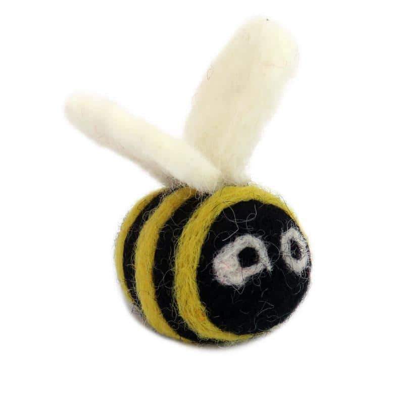 ReNewedPet BERTA THE HONEY BEE fun stuffed toy made of 100% wool, featuring a cute bee design and vibrant yellow and black colors.