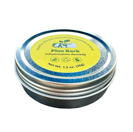 ReNewedPet inflammation support pine bark powder in a clear container, used for health and anti-inflammatory purposes.