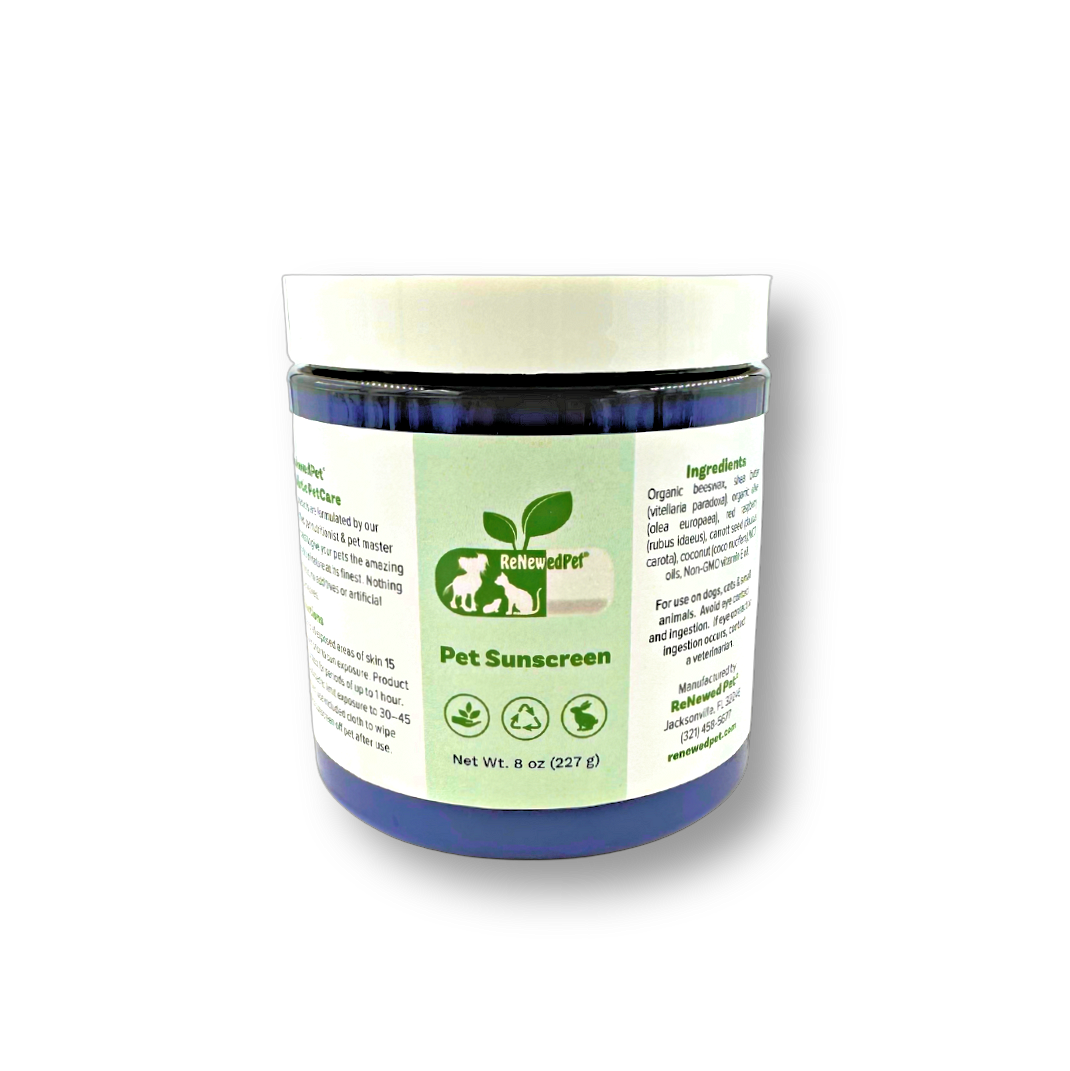 ReNewedPet 4-All Pets Sunscreen for pet grooming, showing a container of pet sunscreen for skin protection.